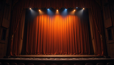 Red stage curtain with spotlights in the theater. Theater scene.の写真素材