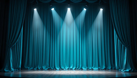 Stage with blue curtains and spotlights, 3d rendering. Computer digital drawing.の写真素材