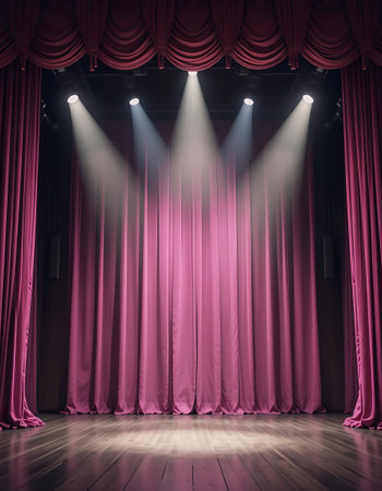 Red stage curtains with spotlights. 3d render illustration mock upの写真素材