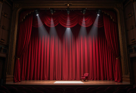 Movie or theater stage with red curtains and spotlight. 3d render