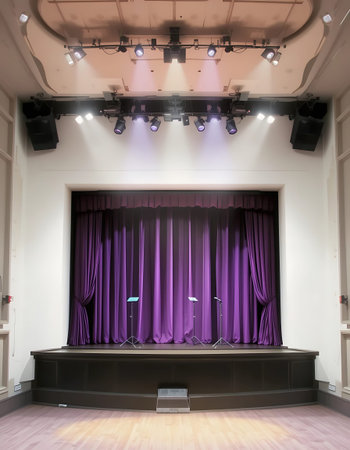 Theater stage with purple curtains and spotlights, closeup of photo