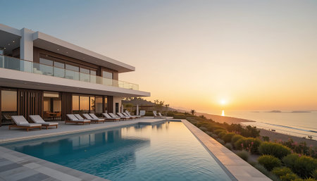 3d rendering of modern luxury house with swimming pool and sea viewの写真素材