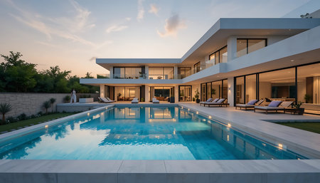 Luxury house with swimming pool and deck at sunset. Nobody inside