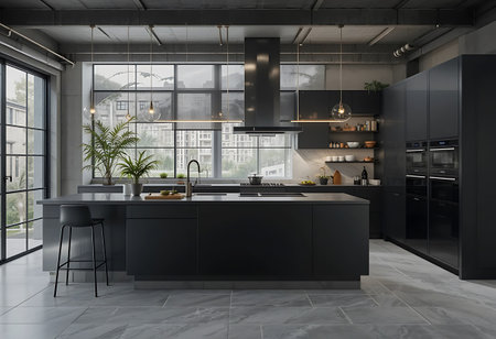 Dark kitchen interior with black countertops, tiled floor, panoramic window with city view. 3d renderingの写真素材