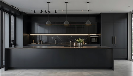 Interior of modern kitchen with black walls, concrete floor, gray countertops with built in sink and cooker. 3d renderingの写真素材