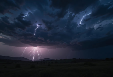 Lightning strike in the night sky. Thunderstorm and lightning.の写真素材