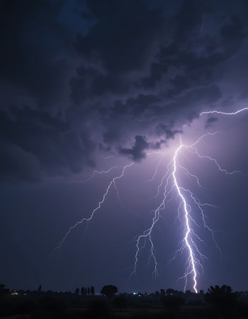 Lightning in the night sky. Thunderstorm, lightning strike.の写真素材