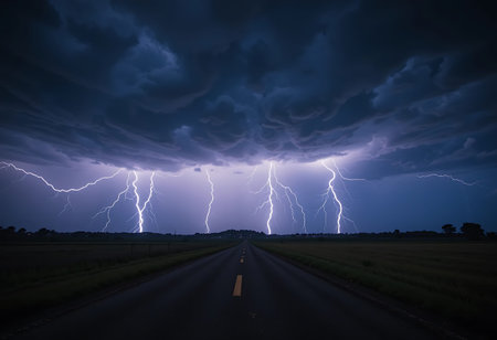 Thunderstorm over the road in a rural area of Texas, USA