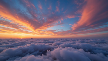 Aerial view above the clouds at sunset. Beautiful nature background.の写真素材