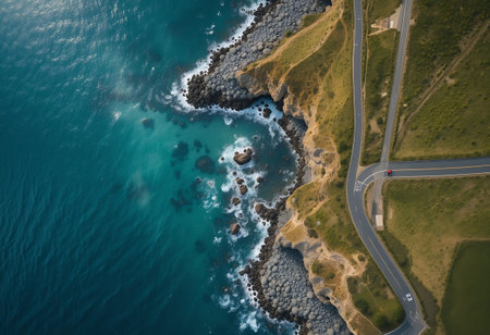 Aerial view of a road leading to the sea from a helicopter