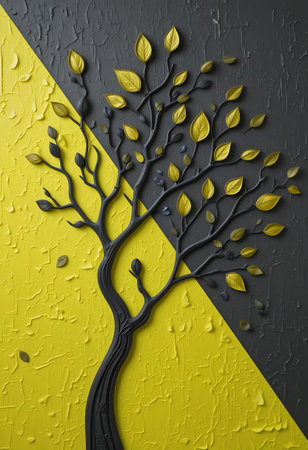 Black tree with yellow and black leaves on a textured wall background