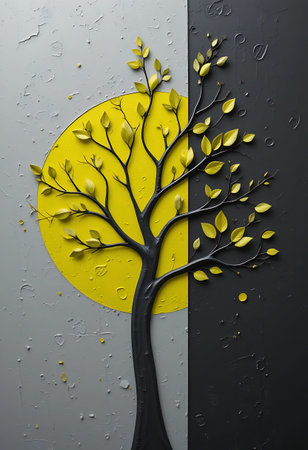 abstract yellow tree on black and white background with drops of water