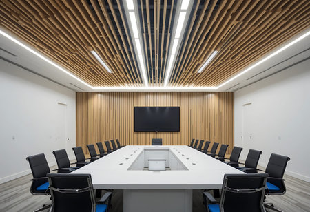 Interior of a modern conference room with wooden walls and meeting table