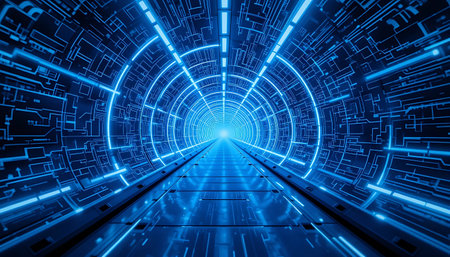 Abstract futuristic tunnel with glowing lines and blue lights, 3d renderingの写真素材