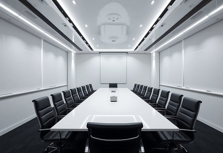 Interior of a conference room with white walls and a meeting table