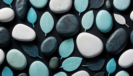 Flat lay composition with sea stones and green leaves on black backgroundの写真素材