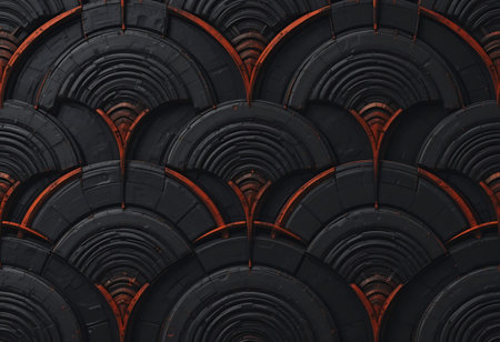 3d rendering of black and orange vinyl record discs in a row