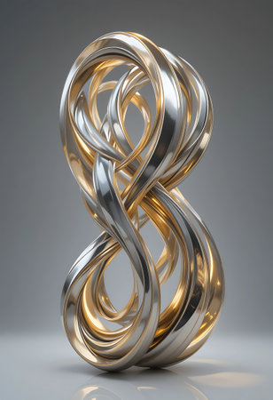 3d illustration of a golden chain on a gray background with reflectionの写真素材