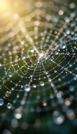 Spider web with dew drops in morning sunlight. Natural background.の写真素材