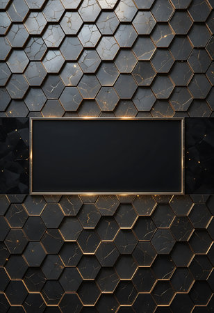 Abstract background with black frame on golden hexagons. 3D illustrationの写真素材