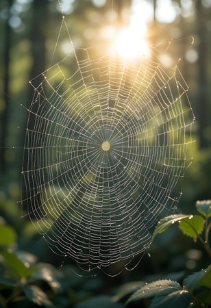 spider web in the forest at sunrise, closeup of photoの写真素材