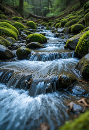 Mossy rocks in a stream in the forest with flowing water