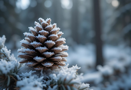 Pine cone covered with snow in winter forest. Selective focus.の写真素材