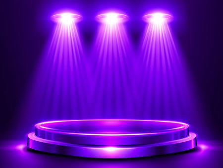 A purple illuminated stage is showcased, featuring a circular podium and three spotlights illuminating from aboveの写真素材