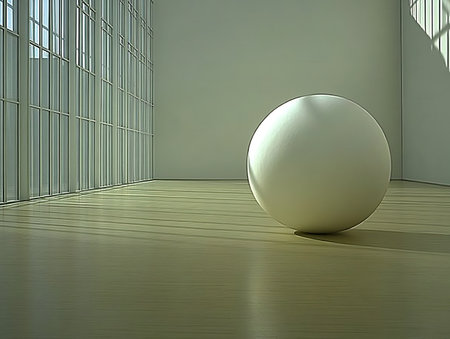 A clean, minimalist image featuring a white sphere in a bright room with light streaming through architectural windows, creating interesting light patterns. The setting evokes a sense of calmness and simplicity.の写真素材