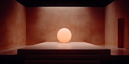 An abstract scene featuring an illuminated sphere on a staged platform, set against a monochrome terracotta backdrop, creating a surreal and calming atmosphere.の写真素材