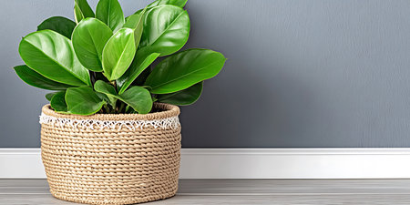 Houseplant in a wicker basket on the floor near the wallの写真素材