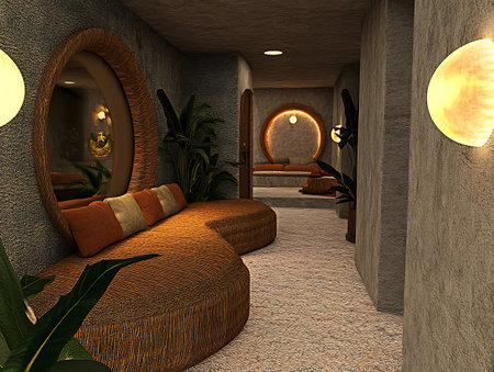 3D rendering of a room interior with a sofa and a mirrorの写真素材