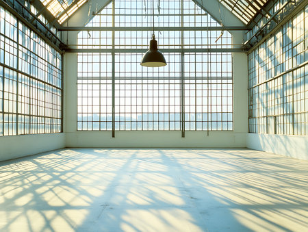 Interior of a large industrial building with large windows. 3d renderingの写真素材