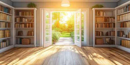 3d render of empty room with bookshelf and sun lightの写真素材