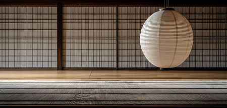 Japanese style room interior with wooden floor and japanese style lampの写真素材