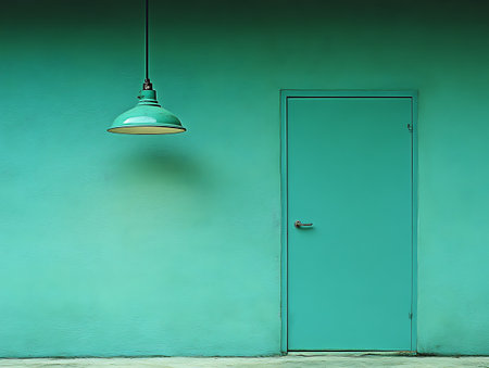 Green door and lamp on green wall background. Architectural detail.の写真素材