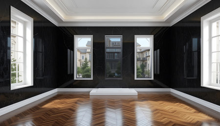 3d render interior of modern living room with black walls and wooden floorの写真素材