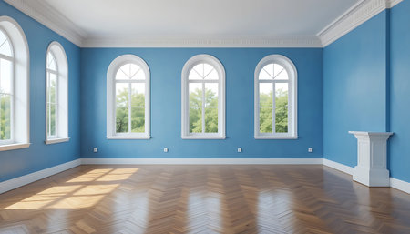 Interior of empty room with blue walls and wooden floor. 3d renderingの写真素材