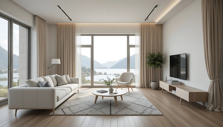 Interior design modern living room 3D rendering image.There are white walls, wooden floor, white sofa, coffee table and tv.There is a window overlooking the lake.の写真素材