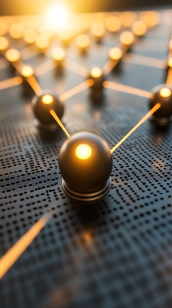 abstract 3d illustration of a grid of golden and silver spheresの写真素材