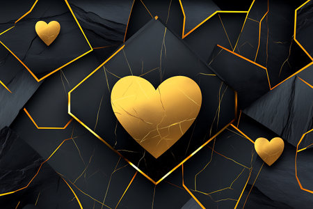 A visually striking image featuring golden hearts on a dark geometric background, accented with elegant gold highlights. Perfect for themes of love, romance, luxury, and modern design.の写真素材