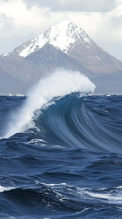 Waves in the Atlantic ocean with a view of Mount Teide in the backgroundの写真素材