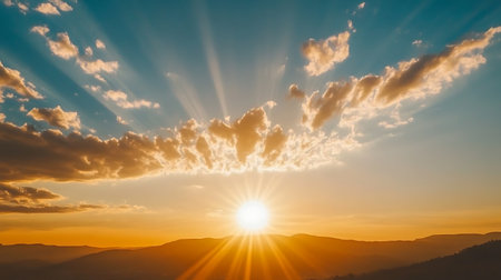 Beautiful sunset in the mountains. Panoramic view of the mountain range.の写真素材