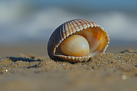 Beautiful sea shell on the sand against the background of the sea