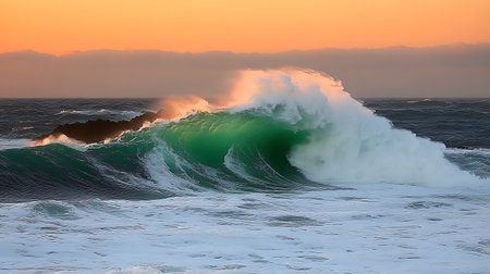 Big wave breaking on the coast of Atlantic ocean at sunset, Portugalの写真素材