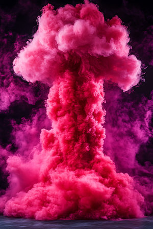 3D illustration of a huge cloud of pink smoke on a black backgroundの写真素材