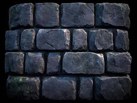 Stone wall with green moss isolated on black background. 3d illustrationの写真素材