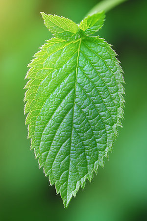 Fresh green leaf on blurred background, macro photo with shallow depth of field