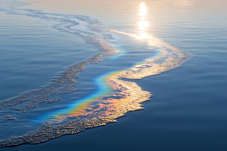 rainbow on the surface of the lake in the morning light.の写真素材