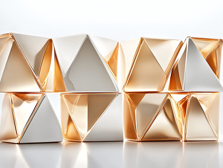 Pyramid of gold and silver geometric shapes. 3d render illustration